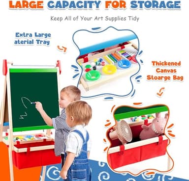 Kids Easel Including 100+ Accessories, Double Sided Wooden Easel for Kids - Magnetic Chalkboard & Painting Board & 2 Paper Rolls, Art Easel Supplies for Toddlers 3-8 Height Adjustable - Image 5