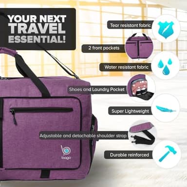 Bago Large Foldable Duffel Bags for Traveling Women & Men - 80L Packable Duffle Bag for Travel with Shoe Compartment - Water Repellant, Heavy Duty, Lightweight Folding & Collapsible (SnowDepPurple) - Image 3