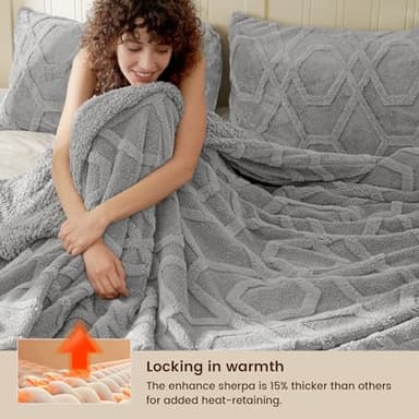 PHF Fluffy Sherpa Fleece Blanket Queen Size for Winter, Warm and Cozy, 510GSM 3D Tufted Shaggy Fleece Blanket for Sofa Bed, Grey, 90"x90" - Image 2