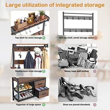 Lulive Hall Tree, 31.5” Entryway Bench with Coat Rack freestanding, 5 in 1 Intelligent Design Shoe Bench and Wall Rack 17 Hooks and Drawers (Rustic Brown) - Image 7
