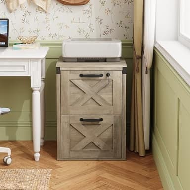DEVAISE 2 Drawer File Cabinet with Lock, Wood Farmhouse Filing Cabinet for Home Office, Printer Stand Fits Letter and A4 Size, Gray Oak - Image 2