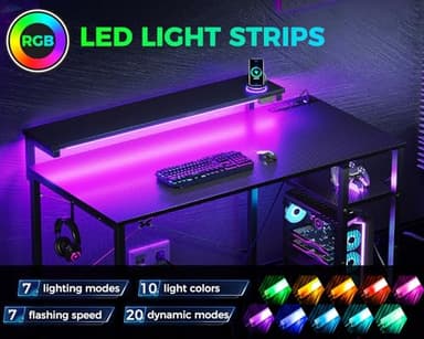 MOTPK 40 Inch Small Gaming Desk with Storage & Led Lights, Computer Desk with Power Outlet & Shelf, Reversible Gamer Desk with Adjustable Monitor Stand, Carbon Fiber Texture Black - Image 4