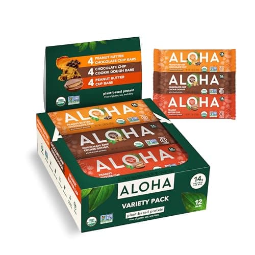 ALOHA Organic Plant Based Protein Bars - 3 Flavor Variety Pack - 12 Count, 1.98oz Bars - Vegan Snacks, Low Sugar, Gluten-Free, Low Carb, Paleo, Non-GMO, Stevia-Free, No Sugar Alcohol Sweeteners - Image 1