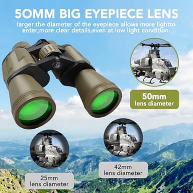 20x50 Binoculars for Adults High Powered, Military Compact HD Waterproof Binoculars with Low Light Vision for Bird Watching Travel Hunting Football Games Stargazing with Carrying Case and Strap(Mud) - Image 2