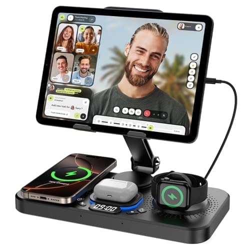 6 in 1 Wireless Charger for Apple Device, 30W Foldable Wired Charging for ipad with Clock & 7 Color Ambient Light, Nightstand Charger Station for iPhone 17/16/15/iWatch Series/AirPods 4/Pro 3(Black) - Image 1