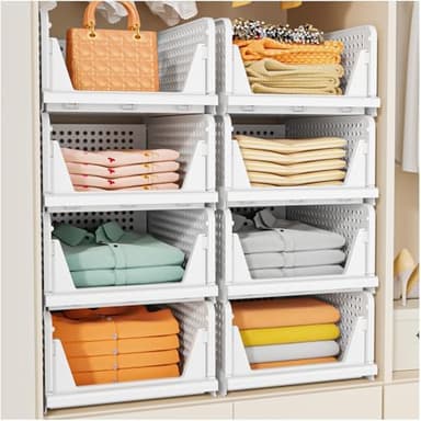 SNSLXH 5 Pack Stackable Closet Storage Basket, Multifunctional & Foldable Closet Organizer for Bathroom Kitchen Laundry Room Wardrobe Storage, Space-Saving Clothes Storage Drawer Organizer, White - Image 3