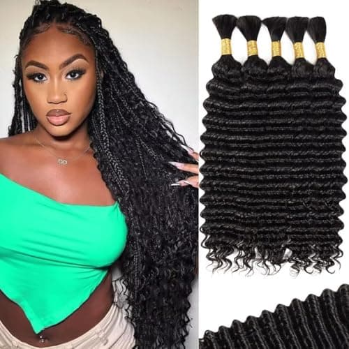 160g 5 Bundles Human Braiding Hair for Boho Braids 16 Inch Curly Boho Hair for Braiding Knotless 12A Deep Wave Bulk Bohemian Natural Black - Image 1