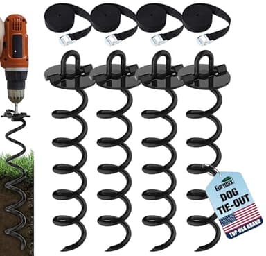 Eurmax USA 4-Pc Pack Spiral Stakes Heavy Duty Anchor Kit Ice Screw Anchor for Trampoline, Tents, tarps, Canopies,car Ports,Dog tie Out and etc Bonus Tie Down Straps 4-Pc Pack (Black) - Image 1