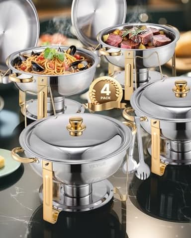 VEVOR Chafing Dish Buffet Set, 5 Qt 4 Pack, Stainless Steel Chafer with 4 Full Size Pans, Round Catering Warmer Server with Lid Water Pan Folding Stand Clip, for Weddings Parties Banquets, Gold - Image 1