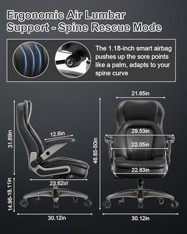 Big and Tall Office Chair, 600lbs Heavy Duty Desk Chair with 5D Arms and Adjustable Lumbar Support, PU Leather High Back Ergonomic Executive Home Office Computer Chair with 3'' Silent Casters - Image 2