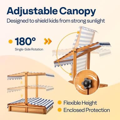 VIVOHOME 47" Solid Fir Wooden Sandbox with Adjustable Sun Canopy & Foldable Benches, Outdoor Play for Kids, Weather-Resistant Design, Drainage Liner & UV Protection for Backyard/Beach - Image 3