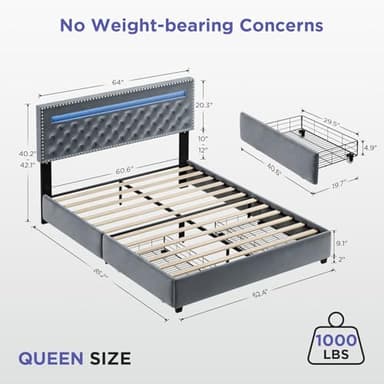 BedsPick Queen Size Bed Frame with LED Lights, Velvet Upholstered Platform Queen Bed Frame with 2 Storage Drawers and Adjustable Headboard, No Box Spring Needed Queen Bedframe, Noise Free, Light Grey - Image 2