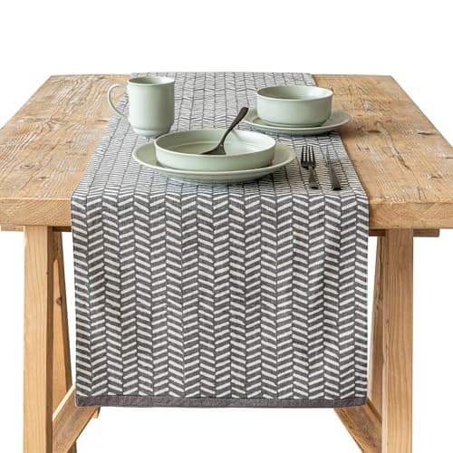 over&back 18x108 Printed Cotton Table Runner - Washable Table Runners for a Custom Home Decor Tablescape - Perfect for Coffee Table, Dinner Table, Living Room, and More - Grey Herringbone - Image 1