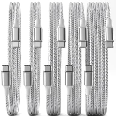 SwaggWood USB C Cable, 5 Pack 3/3/6/6/10FT 60W Fast Charging USB C to USB C Cable, Nylon Braided Type C Charger Cable for iPhone 16/15/iPad Pro/MacBook Air, Galaxy Z Fold7/S25 and More- Grey - Image 1