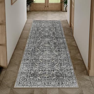 WondRg 2x8 Washable Runner Rug Black Vintage Distressed Hallway Kitchen Non Slip Low Pile Area Rug Living Room Bedroom Throw Rug Soft Indoor Carpet for Entrance Laundry Dining Room Bathroom - Image 1