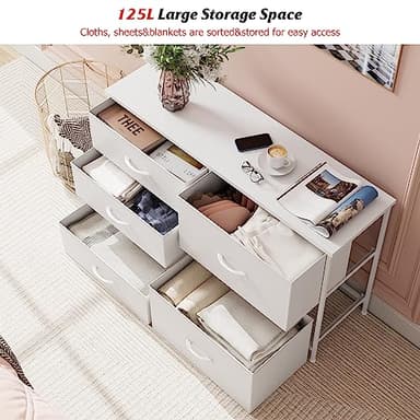 Nicehill White Dresser for Bedroom with 5 Drawers, Small Dresser for Kids' Bedroom, Closet, Wide Chest of Drawers with Fabric Storage Drawers, Wooden Top, Steel Frame, Modern, White - Image 4