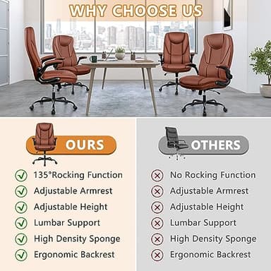 Guessky Big and Tall Office Chair with Flip-Up Arms High Back Desk Leather Office Chair with Lumbar Support, Brown - Image 7