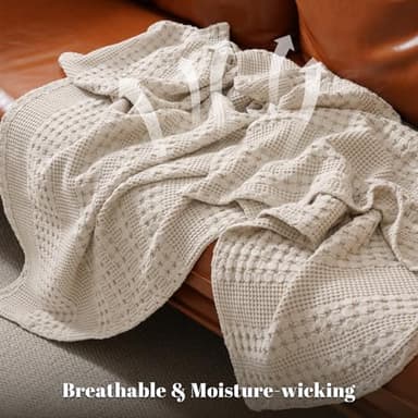 PHF 100% Cotton Waffle Weave Blanket King Size for Bed, Soft Lightweight & Breathable, All-Season Comfort, Luxury Aesthetic Woven Bedding for Home Decor, 108"x90", Oatmeal - Image 3