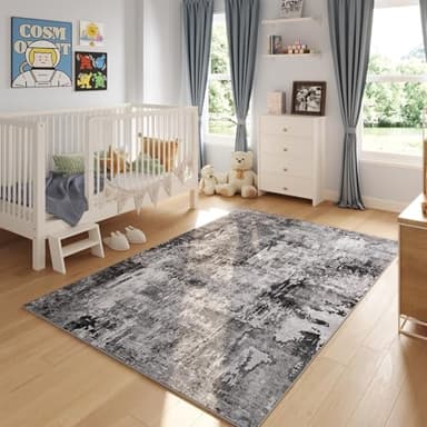 Rugcomf 8x10 Rug Washable Boho Rug Soft Large Area Rug Non-Slip Non-Shedding Faux Wool Vintage Rug for Living Room, Farmhouse, Dining Room, Indoor, Kids Playroom, Grey and Black - Image 5