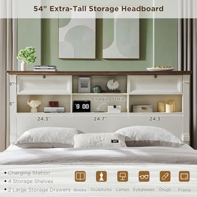 Farmhouse King Size Bed Frame with 54" Tall Storage Bookcase Headboard, Wood Platform Bed Frame with 2 Drawers & 18" Tall Roman Column Decoration Footboard, No Box Spring Needed(Antique White) - Image 7