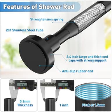 Shower Curtain Rod Adjustable 29-74 Inches, Spring Tension Shower Rod Stainless Steel 1 Inch Diameter Telescoping Curtain Rod for Bathroom, Windows Wardrobe, Non Slip, No Drilling, No Rust, Black - Image 2