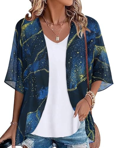 Kimonos for Women Beach Cover Ups Hawaiian Shirts Sheer Cardigan Loose Summer Tops (Blue Gradient Stars,M) - Image 1