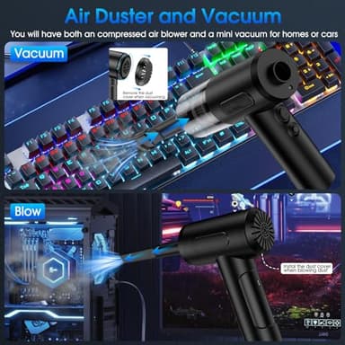 Compressed Air Duster, 100000RPM Handheld Car Vacuum/Air Blower& Pump, 3 Gear Adjustable Electric Air Duster/Car Vacuum Cleaner, Keyboard Duster with LED Light-10 Kits Air Blower for Computer(Black) - Image 3