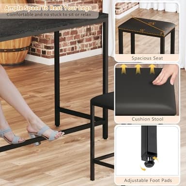 HUAHUU Bar Table and Chairs Set for 2-4, 63'' Convertible L-Shaped Kitchen Table with Power Outlets, 3 Piece Counter Height Small Dining Table with 2 Stools, Space Saving, Breakfast Nook Corner, Black - Image 6