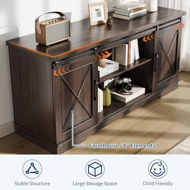 IDEALHOUSE Farmhouse TV Stand and Entertainment Center for TV Up to 65 Inches with Sliding Barn Doors and Adjustable Shelf, Tv Media Console Table with Storage Cabinet for Living Room, Bedroom, Brown - Image 3
