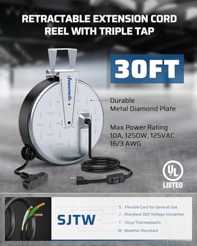 DEWENWILS 30 Ft Retractable Extension Cord Reel, Ceiling/Wall Mount 16/3 Gauge SJTW Power Cord with 3 Electrical Outlets Pigtail for Garage and Shop, 10 Amp Circuit Breaker, Metal Plate, UL Listed - Image 3