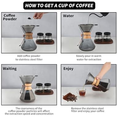 Mongdio 34oz/1000ml Pour Over Coffee Maker with Reusable Stainless Steel Filter and Wooden Collar Holder, 6-8 Cups Borosilicate Glass Coffee Maker for Camping Home, Gray - Image 6