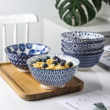 Selamica Blue and White Porcelain 20oz Cereal Bowl Set - Set of 6, 6 inch Soup Bowls, Ceramic bowls for Cereal, Soup, Salad and Pasta, Vintage Blue - Image 3