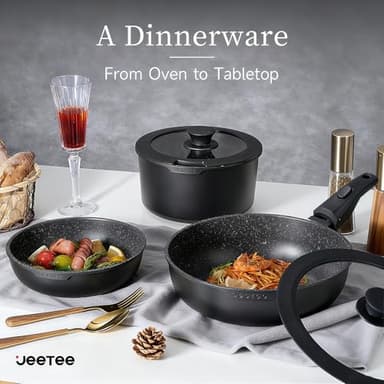 JEETEE Pots and Pans Set Non Stick 17pcs, Kitchen Cookware Sets with Detachable Handle, Induction Nonstick Cookware Set with Removable Handle, Stackable RV Cookware, Oven Safe, PFAS/PFOA Free, Black - Image 8