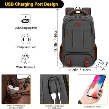 Tzowla Canvas Laptop Backpack, Bag for Men Women,Travel Work Rucksack Fits 15.6 Inch Laptop, Bookbag with USB Charging Port - Image 2