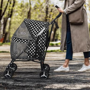 MoNiBloom 4 Wheels Pet Stroller, Easy-Fold Umbrella Shaped Dog Cat Jogger Stroller w/Storage Bag & Visible Mesh for Small/Medium Dogs Cats Black Polka Dots - Image 3