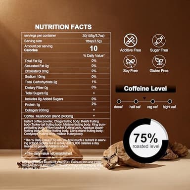 SUNDAFONE Mushroom Coffee with Grass-Fed Collagen, Mullein,Lion's Mane, Reishi and 10 Adaptogenic Mushrooms; Super Instant Cold Brew Protein Iced Coffee Blend; 0g of Sugar, Low Caffeine, 30 Servings - Image 2