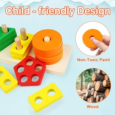 PEBIRA Montessori Toys for 1 to 3-Year-Old Boys Girls Toddlers, Wooden Sorting & Stacking Toys for Toddlers and Kids Preschool, Educational Color Recognition Shape Sorter, Learning Puzzles Gift - Image 2