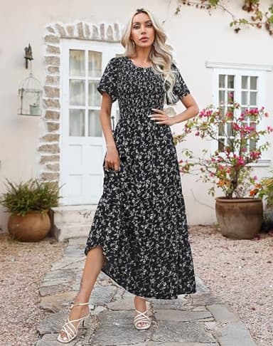 Women Summer Short Sleeve Round Neck Flutter Sleeve Smocked Pleats Ruffle Maxi Floral Dress Black Printed XL - Image 6