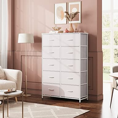 WLIVE Fabric Dresser for Bedroom with 10 Drawers, Tall Chest of Drawers, White Dressers Bedroom Furniture, Storage Organizer Unit with Bins for Closet, Hallway, Living Room, Entryway - Image 2