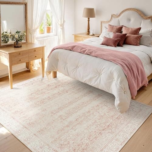 Light Pink Bedroom Rugs 6x9 Aesthetic Cute Boho Floral Feminine Soft Faux Wool Machine Washable Carpet Area Rugs for Kids Room Playroom Office - Image 1