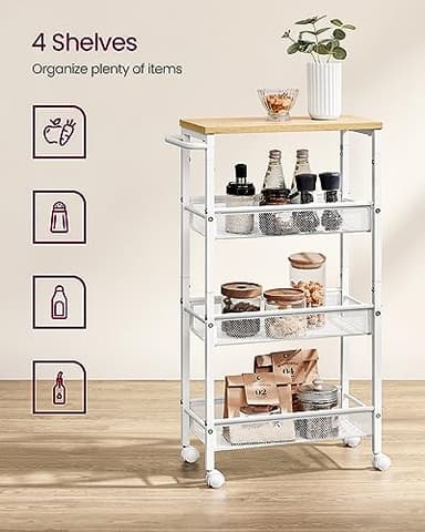VASAGLE Slim Rolling Cart, 4-Tier Storage Cart, Narrow Cart with Handle, 8.7 Inches Deep, Metal Frame, for Kitchen, Dining Room, Living Room, Home Office, Oak Beige and Classic White ULRC033W09 - Image 3