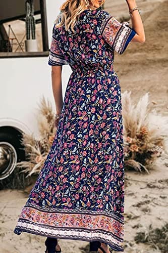 PRETTYGARDEN Women's Casual Summer Boho Floral Print Dress V Neck Short Sleeve High Waist Long Maxi Beach Dresses (Navy,X-Large) - Image 9