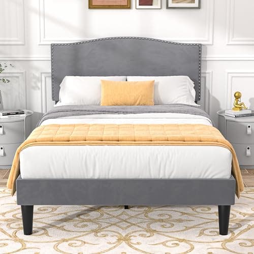 VECELO Twin Bed Frame, Platform Bed Frame with Adjustable Height Upholstered Headboard, Heavy-Duty Frame and Strong Wooden Slats Support, Non-Slip and Noise-Free, Easy Assembly, Dark Grey - Image 1