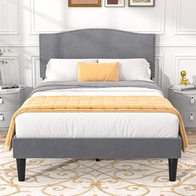 VECELO Twin Bed Frame, Platform Bed Frame with Adjustable Height Upholstered Headboard, Heavy-Duty Frame and Strong Wooden Slats Support, Non-Slip and Noise-Free, Easy Assembly, Dark Grey - Image 1