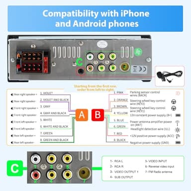 Pyniro Single Din Car Stereo, 6.36 Inch CarPlay & Android Auto HD IPS Touchscreen Radio with Bluetooth with Backup Camera, Support USB Type-C Charging/USB/Mirror Link/Microphone/FM/EQ - Image 7