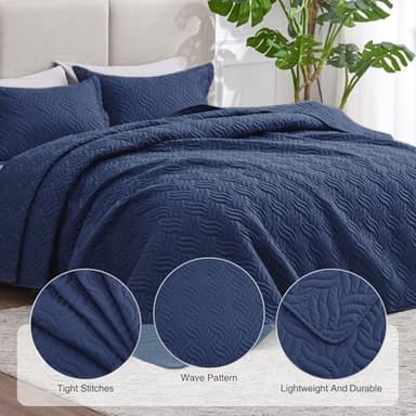 Love's cabin California King Size Quilt Bedding Set Navy Bedspreads - Cal King Summer Quilt Lightweight Bedspread- Wave Pattern Coverlet for All Season - 3 Piece (1 Quilt, 2 Pillow Shams) - Image 3