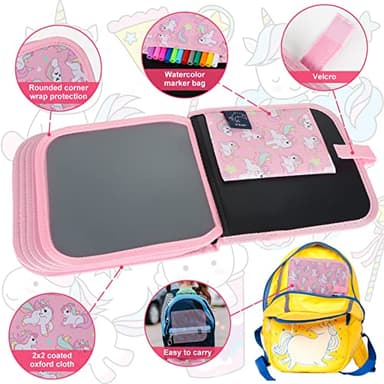 Qrytoi Erasable Book Doodle Set for Kids,Reusable Magic Drawing Book for Kids with 12 Watercolor Pens 14 Page Drawing,Road Trip Car Game Writing Painting Set for Boys and Girls (Pink Unicorn) - Image 2