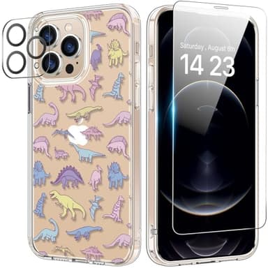 bicol for iPhone 12 Pro Case with Screen Protector and Camera Lens Protector - Fashionable Flower Floral Designs for Women Girls - Shockproof Acrylic Clear Phone Cover 6.1" - Cute Dinosaurs - Image 1