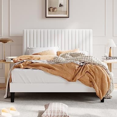 SHA CERLIN Queen Upholstered Platform Bed Frame with Vertical Channel Tufted Velvet Fabric Adjustable Headboard, Wooden Slats Support, Mattress Foundation, Box Spring Optional, White - Image 1