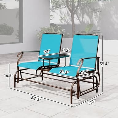 Outsunny Outdoor Glider Bench with Center Table, Metal Frame Patio Loveseat with Breathable Mesh Fabric and Armrests for Backyard Garden Porch, Blue - Image 7